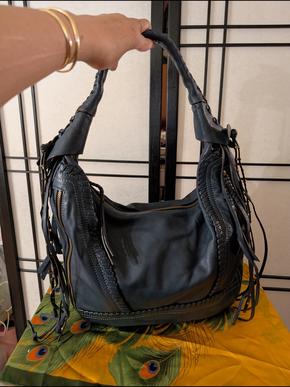 Oryany Genuine Leather Whipstitched Hobo Shoulder Bag Blue Gray Expandable Fring